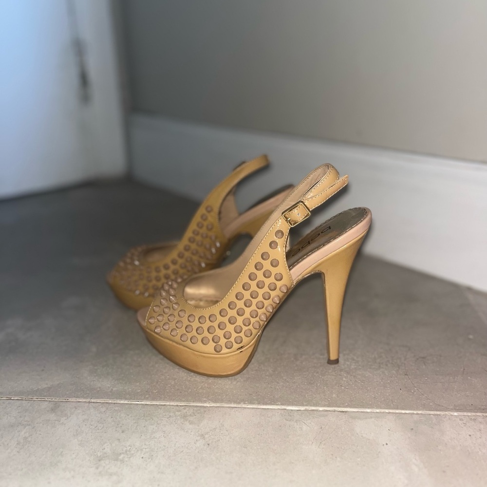 Tan High Heeled Shoes with Perforated Design and Peep Toe